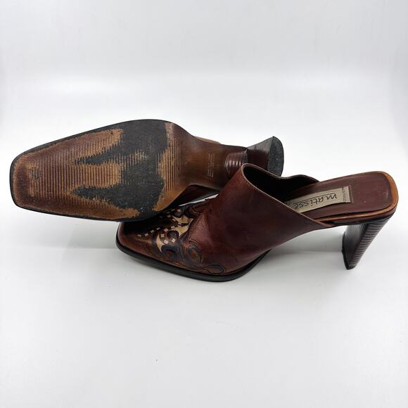 Matisse Paisley Square Toe Slide On High Heels Womens 6M Brown Leather Mules - Picture 9 of 11